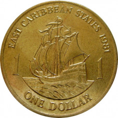 Est Caraibe_1 dolar 1981_Elisabeta a II-a / nava lui Francis Drake * cod 3 foto