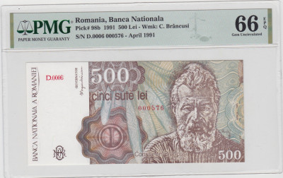 ROMANIA 500 lei 1991 PMG 66 Gem Unc foto