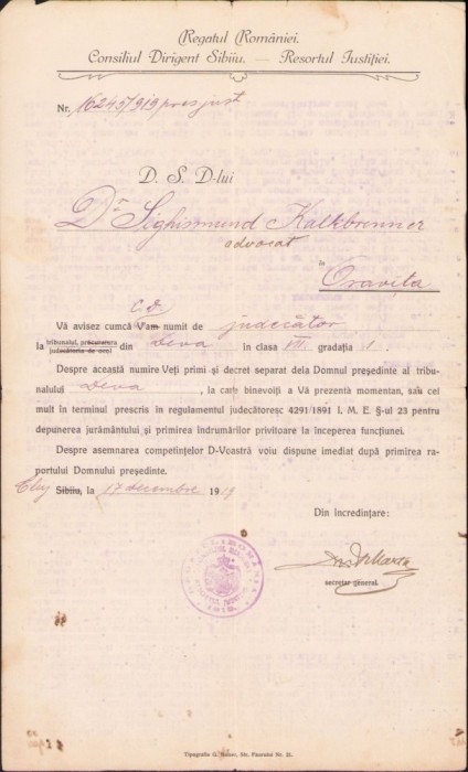 A868 Numire de judecător la Deva, 1919, din partea Consiliului Dirigent Rom&acirc;n din Sibiu, emisă la Cluj și semnată de Alexandru Marta, manu propria