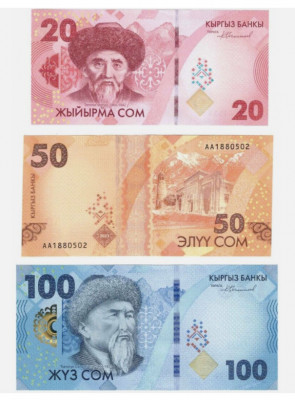Kyrgyzstan 20, 50, 100 Som 2024 UNC p34 35 36 AA Prefix foto