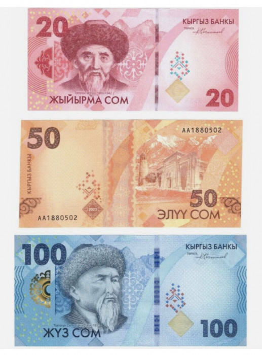 Kyrgyzstan 20, 50, 100 Som 2024 UNC p34 35 36 AA Prefix