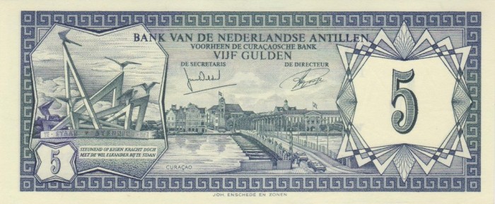 Bancnota Antilele Olandeze 5 Gulden 1972 - P8b aUNC ( vezi descriere )