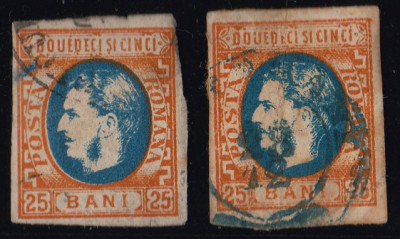 Romania 1869 - LP 28 - 25 BANI Albastru/Ocru - Carol I Cu Favoriti - Stampilat foto