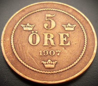 Moneda istorica 5 ORE - SUEDIA, anul 1907 * cod 2408 foto