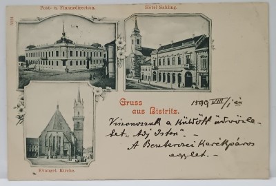 GRUSS AUS BISTRITZ (SALUTARI DIN BISTRITA ), MONTAJ CU 3 IMAGINI DIN ORAS , CARTE POSTALA , CLASICA foto