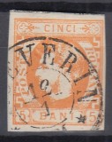 ROMANIA 1869 LP 25 CAROL I CU FAVORITI 5 BANI PORTOCALIU/FRAGMENT STAMPILAT T.SEVERIN