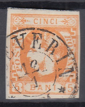 ROMANIA 1869 LP 25 CAROL I CU FAVORITI 5 BANI PORTOCALIU/FRAGMENT STAMPILAT T.SEVERIN foto