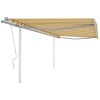 Copertină retractabilă manual,cu st&acirc;lpi, galben și alb, 4,5x3 m