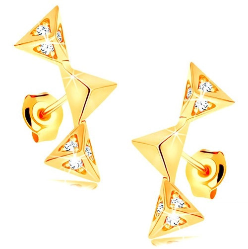 Cercei din aur galben de 14K - trei piramide strălucitoare unite &icirc;ntr-o arcadă, zirconii