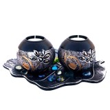 Set Suport Lumanari Lemn cu Farfurie Frunza, 2 Candele, 25cm, Negru Romantic - Decor Rustic, Cadou Casa Noua