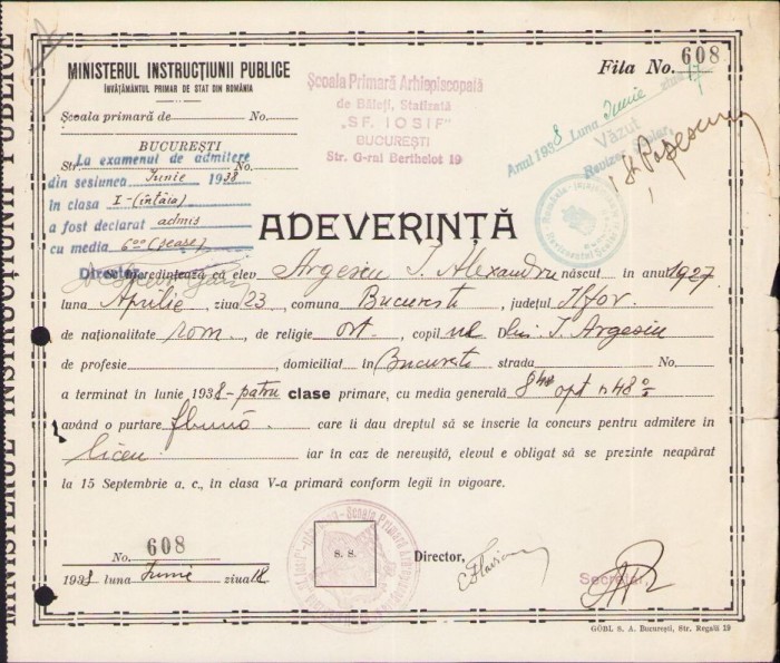 A1443 Adeverință de absolvire 4 clase primare, 1938, Școala primară arhiepiscopală Sf&acirc;ntul Iosif, București