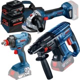 Bosch GBH 180-LI + GWS 180-LI + GDX 180-LI - Rotopercutor SDS-Plus 2 J + Polizor unghiular 125 mm + Masina de insurubat cu impact 180 Nm M6-M14 + Set
