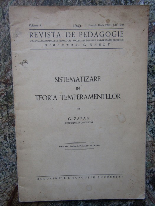 SISTEMATIZARE IN TEORIA TEMPERAMENTELOR de G . ZAPAN , 1940
