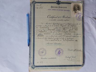 CERTIFICAT DE ABSOLVIRE A LICEULUI,,MIRCEA CEL BATRAN&amp;quot; DIN CONSTANTA-1939 foto