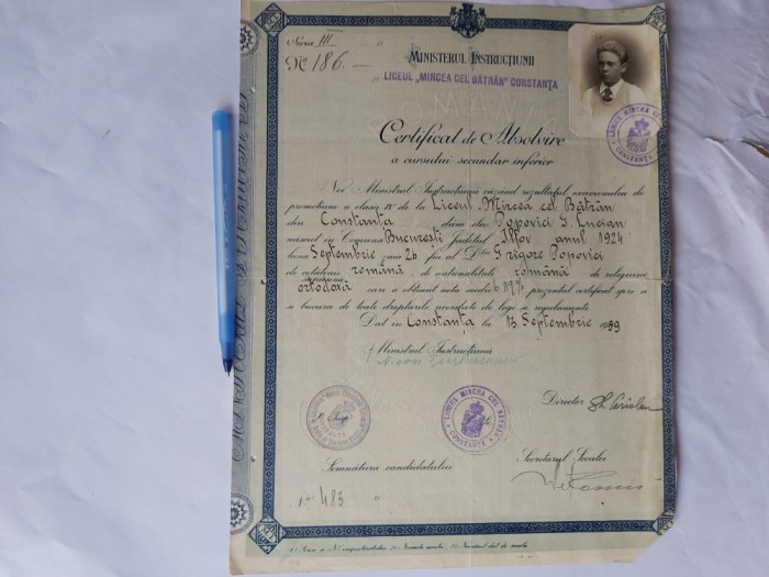 CERTIFICAT DE ABSOLVIRE A LICEULUI,,MIRCEA CEL BATRAN&quot; DIN CONSTANTA-1939