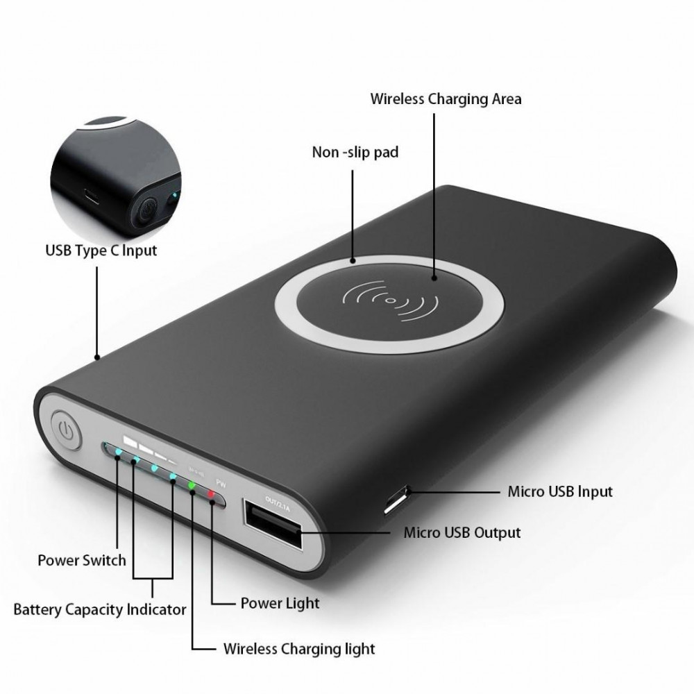 Baterie Externa Wireless 10000 mAh negru cu USB, 2.1A, C240, 1000 mAh |  Okazii.ro
