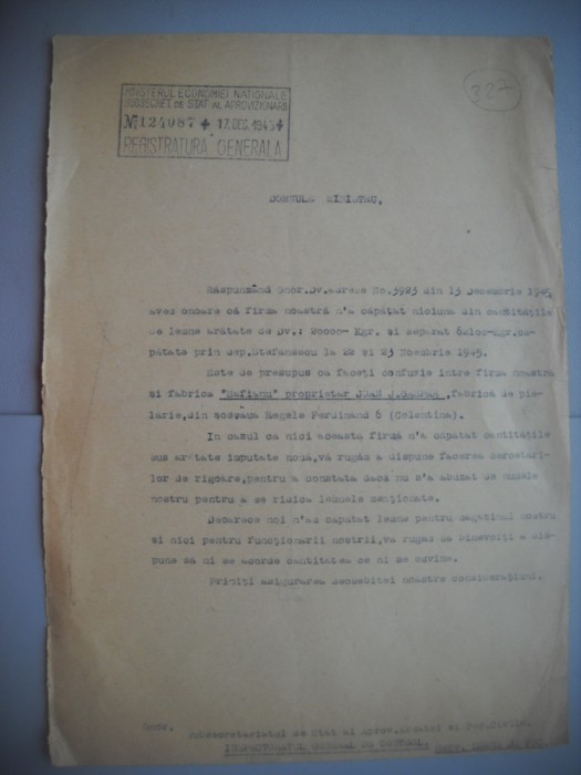 HOPCT DOCUMENT VECHI 327 MINISTERUL INDUSTRIEI COMERT EXTERIOR /BUCURESTI 1945