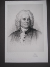 Ludwig Michalek-Set 2 gravuri(J.S.Bach si Fr.Haendel),inc.sec.20,54x42cm foto