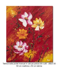 Tablou pictat manual, Flori in gradina, stilizat, 60x50cm ulei pe panza in cutit efect 3D, gata de expus pe perete