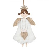 Ornament Brad Craciun, Model Ingeras, Lemn, Blana Alba, Aripi Glitter, Inima, 14cm, Oem