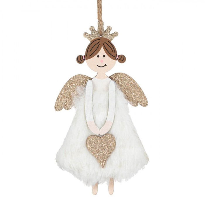 Ornament Brad Craciun, Model Ingeras, Lemn, Blana Alba, Aripi Glitter, Inima, 14cm