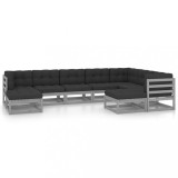 Cumpara ieftin Set mobilier gradina cu perne, 9 piese, gri, lemn masiv de pin