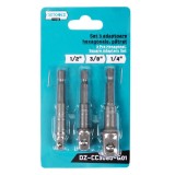 Set 3 adaptoare hexagonale Detoolz Cr-V, patrat 1/4, 3/8 si 1/2