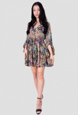 Rochie mini stil Boho din matase si vascoza cu imprimeu multicolor foto