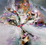 Pictura mare de colectie Vas cu flori abstract semnat Kloska, Natura statica, Acrilic