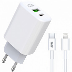 Incarcator retea XO Design L85A Quick Charge 20W 1x USB Type-C 1x USB cu cablu Lightning Alb foto