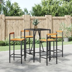 vidaXL Set bar pentru gradina, 5 piese, negru, poliratan/lemn acacia foto