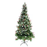 Brad de craciun artificial nins, decorat cu conuri pin rosii, suport metalic inclus, verde, Oem