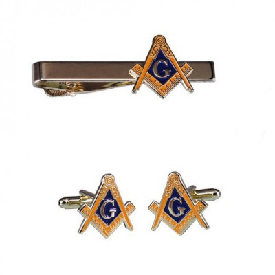 Set masonic Ac pentru Cravata si Butoni - Echer si Compas cu Litera G MM943 foto