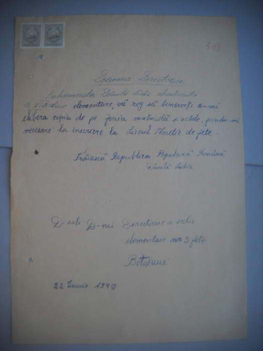 HOPCT DOCUMENT VECHI NR 440 -SCOALA NR 3 FETE BOTOSANI 1949