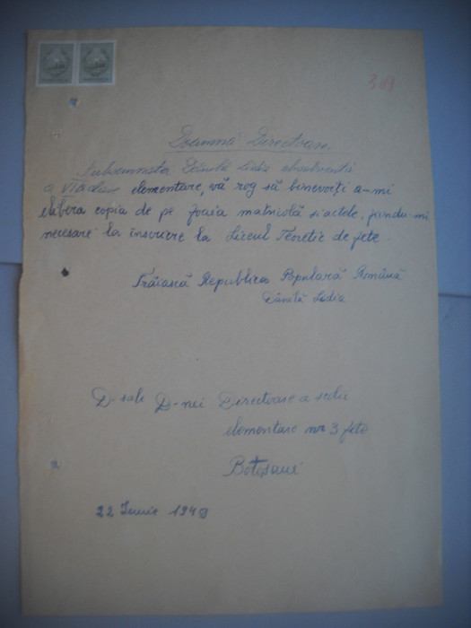 HOPCT DOCUMENT VECHI NR 440 -SCOALA NR 3 FETE BOTOSANI 1949