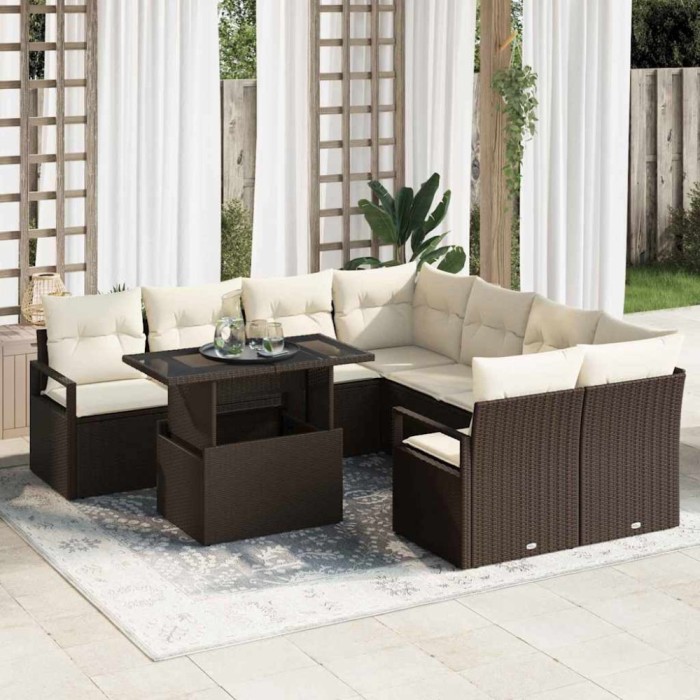 vidaXL Set de canapele pentru grădină cu pernă 9 pcs maro și crem