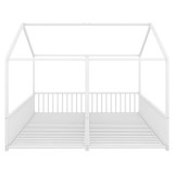 Pat dublu pentru copii 90x200 cm, formă de casă, cu barieră de siguranță, fără saltea, Alb
