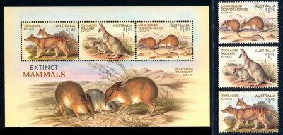 Australia, fauna, marsupiale disparute, serie si bloc, 2023, MNH foto