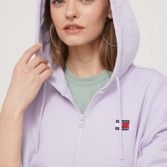 Tommy Jeans hanorac de bumbac femei, culoarea violet, cu glugă, imprimeu DW0DW17955