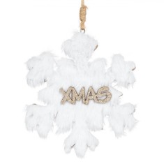 Ornament Brad Crăciun, Fulg Zapadă, Lemn, Blană Albă, Glitter Bej șampanie, 12cm