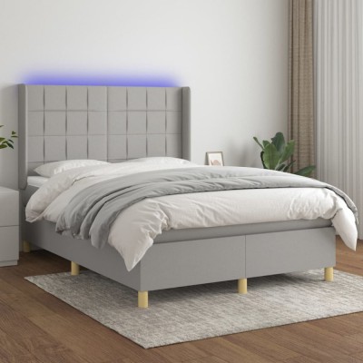 vidaXL Pat cu arcuri, saltea și LED, gri deschis, 140x190 cm, textil 3138869 foto