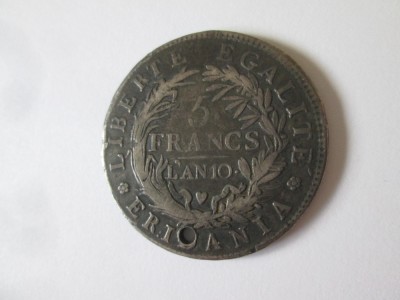 Rară! Statele Italiene-Republica Piemonte 5 Francs 1801-1802 argint moneda gaurita foto