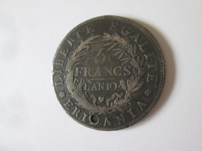 Rară! Statele Italiene-Republica Piemonte 5 Francs 1801-1802 argint moneda gaurita