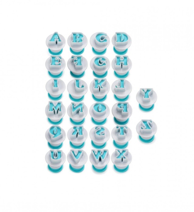 Set decupatoare Alfabet cu ejector,majuscule mari, 26 de piese, pentru cofetarie si patiserie, Alb, 384COF