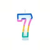 Cumpara ieftin Lumanare aniversara cifra 7 alba 4,8 cm, decor albastru, roz, galben, verde si portocaliu, parafina, fitil bumbac, suport pentru tort
