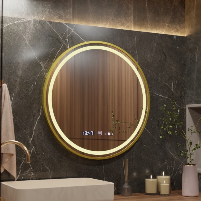 Oglinda LED Rotunda, 70cm, Celeste Royale Gold MotionGlow Marcello, Sistem Dezaburire, Ceas &amp; Termometru, Dimabila ModernLight Concept