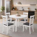 Cumpara ieftin Set masa living plianta Philadelphia, MDF, lemn masiv, rotunda, 55 90 x 90 x 74,8 cm si 4 scaune Hudson, tapiterie stofa,94x50x42 cm, alb gri
