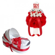 Lumanare botez glob cu ursuleti si trusou botez in landou, decor Rosu, Denikos&reg;