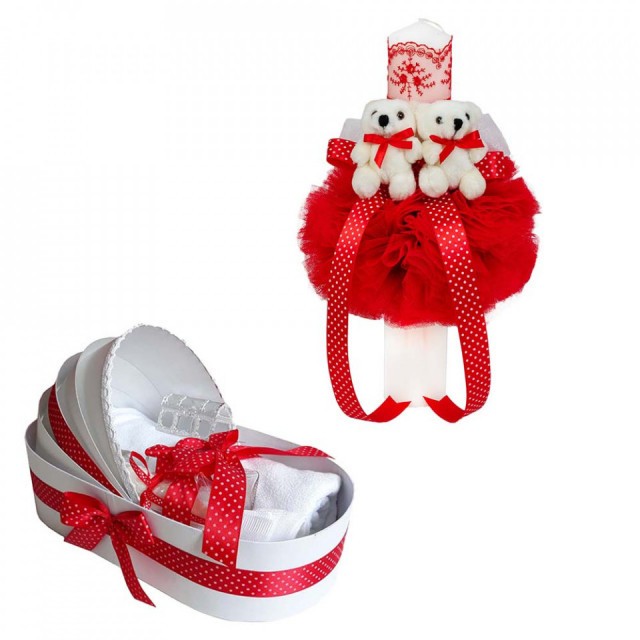 Lumanare botez glob cu ursuleti si trusou botez in landou, decor Rosu, Denikos&reg;