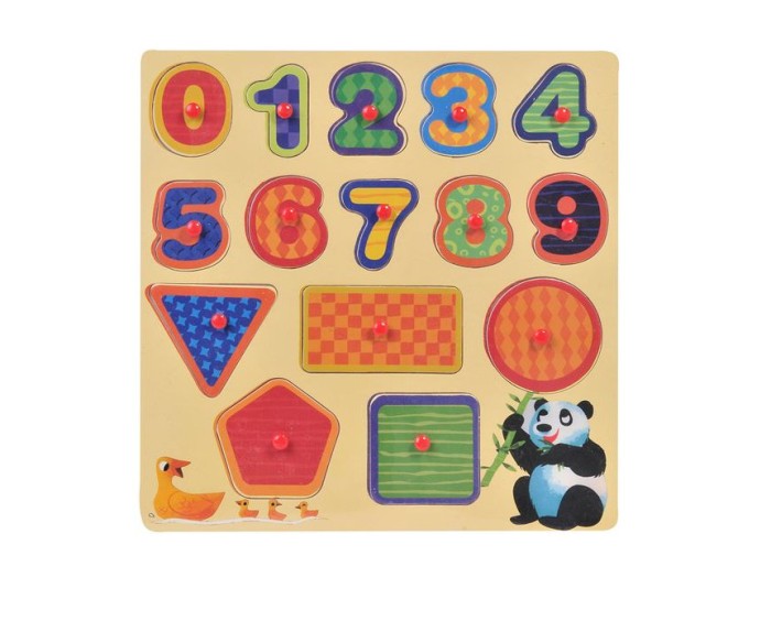 Puzzle incastru din lemn, sa invatam formele geometrice si cifrele, 15 piese, 30 x 30 cm